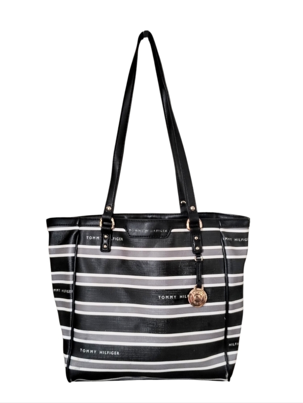 Tommy Hilfiger Black and White Nautical Striped Medium Tote with Gold Charm